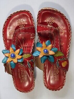 L'Artiste Berry Red Leather Flower Adjustable Sandals Sz 39 Artisan Statement